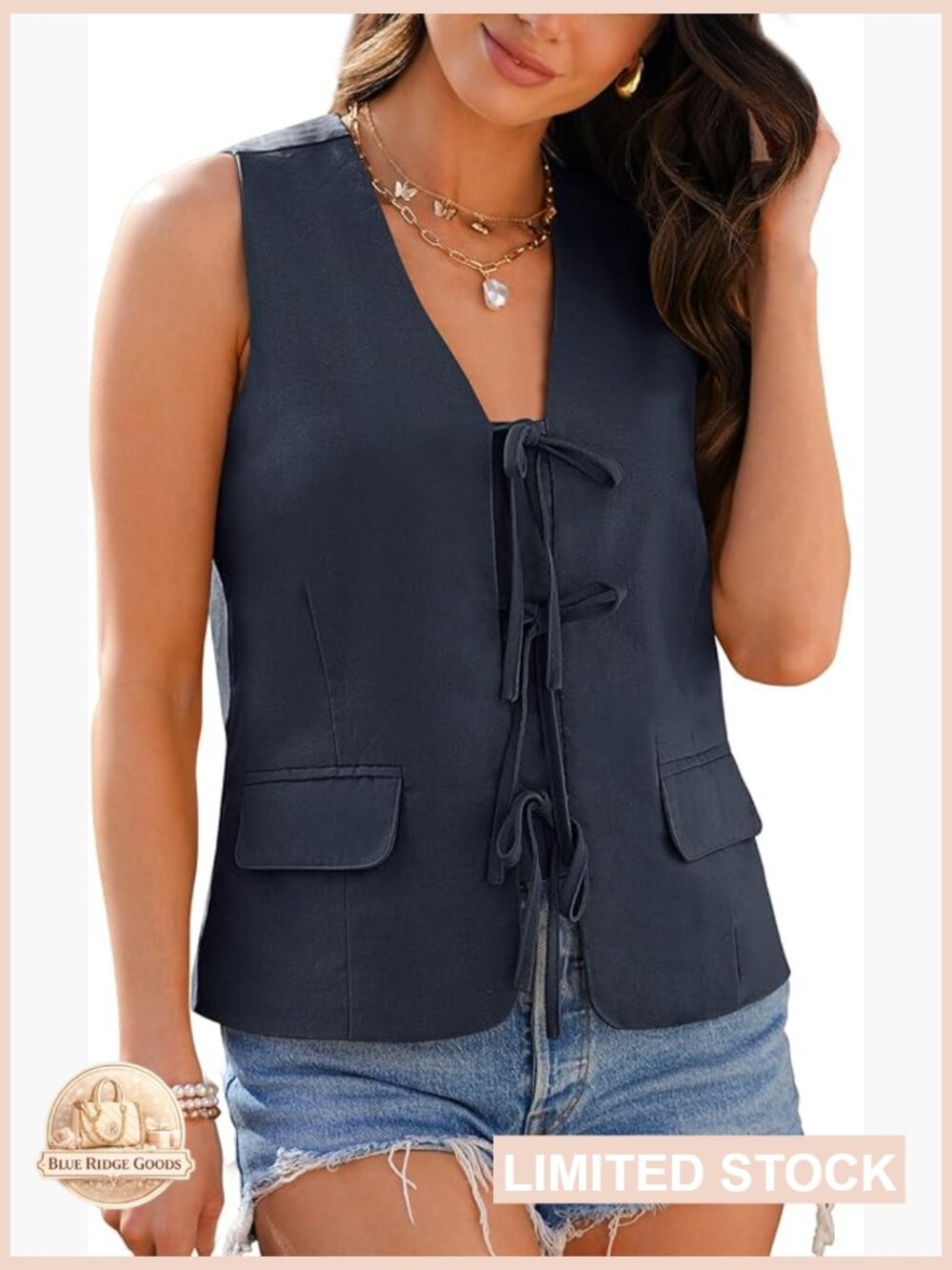 Women's Navy Tie-Front Vest
